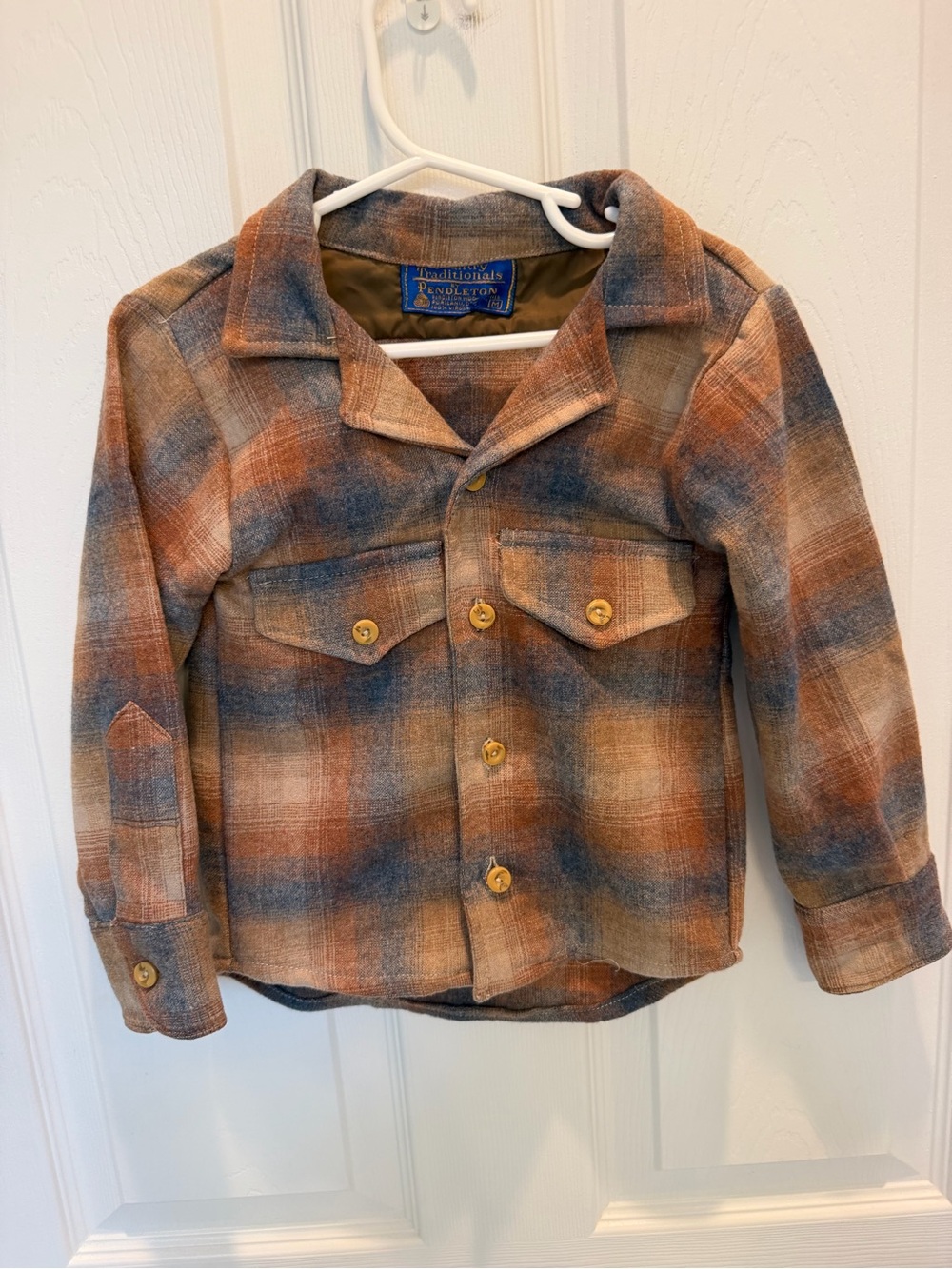 Vintage Boys Pendleton Country Traditionals 100% Wool Shirt Plaid Blue Brown M